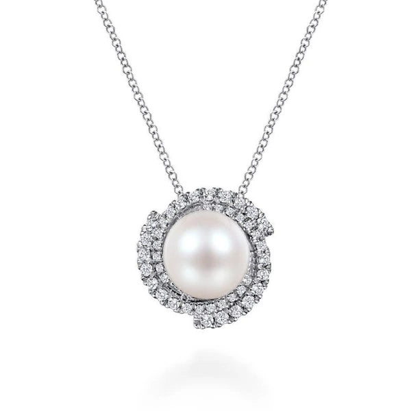 14K White Gold Round Cultured Pearl Swirling Diamond Halo Pendant Necklace