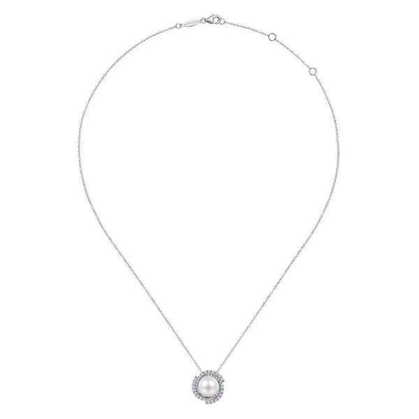 14K White Gold Round Cultured Pearl Swirling Diamond Halo Pendant Necklace