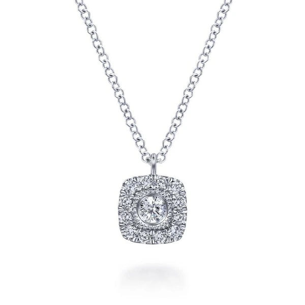 14K White Gold Round Diamond Cushion Halo Pendant Necklace