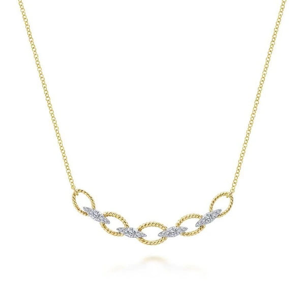 14K Yellow-White Gold Twisted Rope Oval Link Necklace with Diamond Connectors