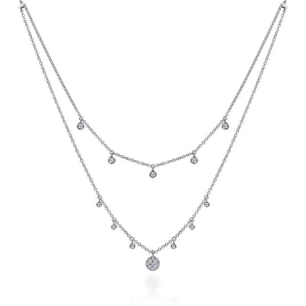 14k White Gold Layered Diamond Charm Drop Necklace