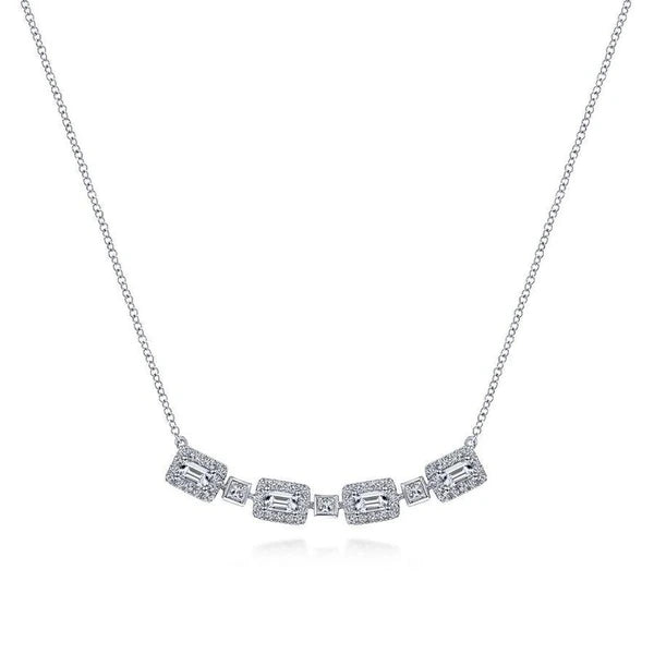 14K White Gold Rectangular Baguette and Diamond Halo Station Necklace