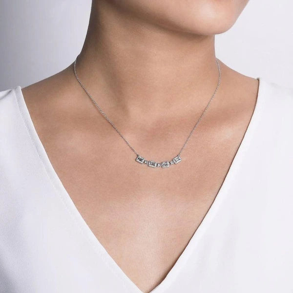 14K White Gold Rectangular Baguette and Diamond Halo Station Necklace