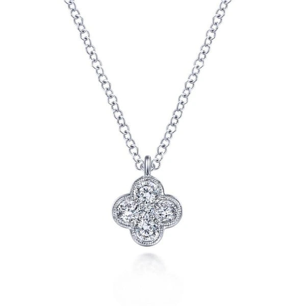 14K White Gold Diamond Clover Pendant Necklace