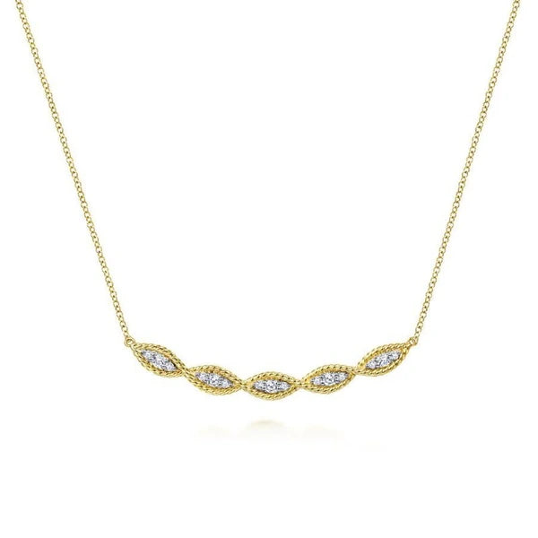14K Yellow Gold Twisted Rope Curved Diamond Bar Necklace