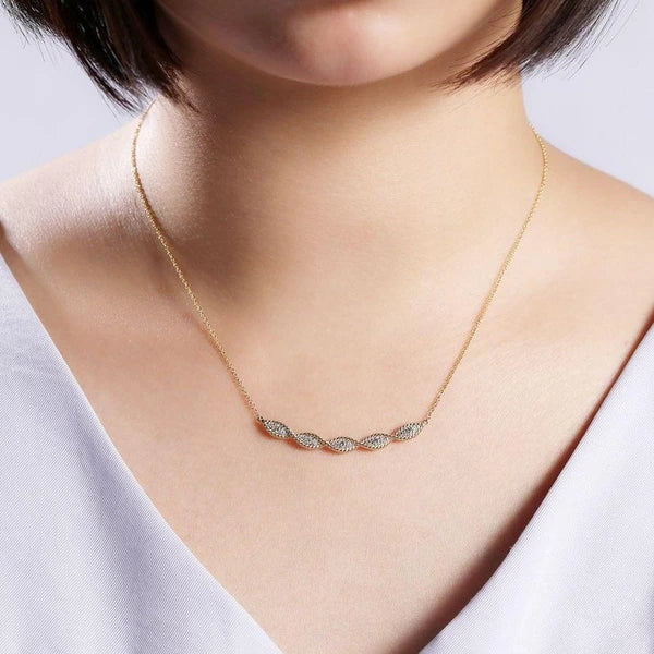 14K Yellow Gold Twisted Rope Curved Diamond Bar Necklace