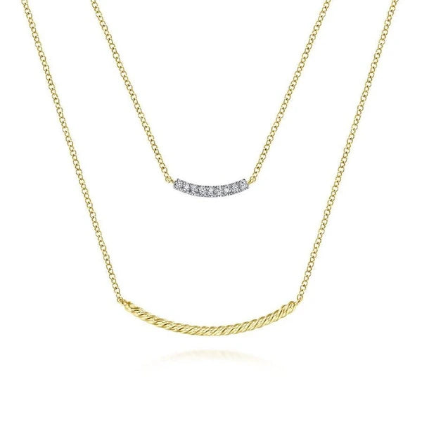 14K Yellow Gold Two Strand Twisted and Diamond Bar Necklace