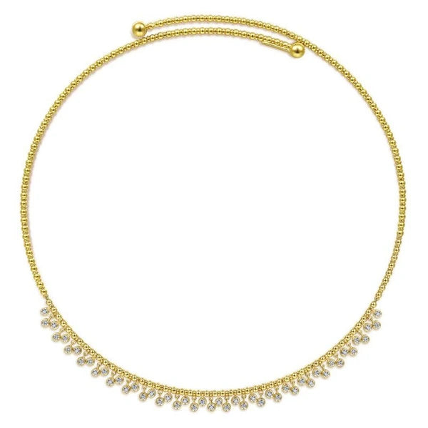 11.5" With 2" Extension 14K Yellow Gold Bujukan Beaded Choker Necklace with Bezel Set Diamond Clusters