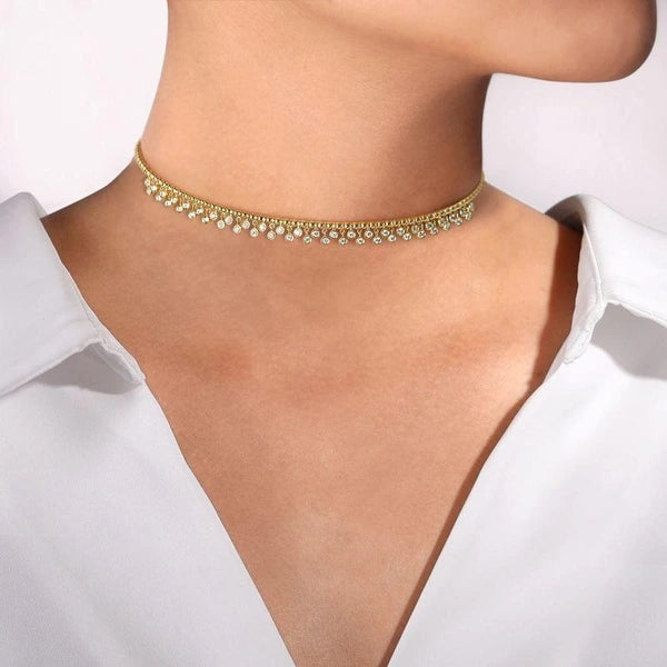 11.5" With 2" Extension 14K Yellow Gold Bujukan Beaded Choker Necklace with Bezel Set Diamond Clusters