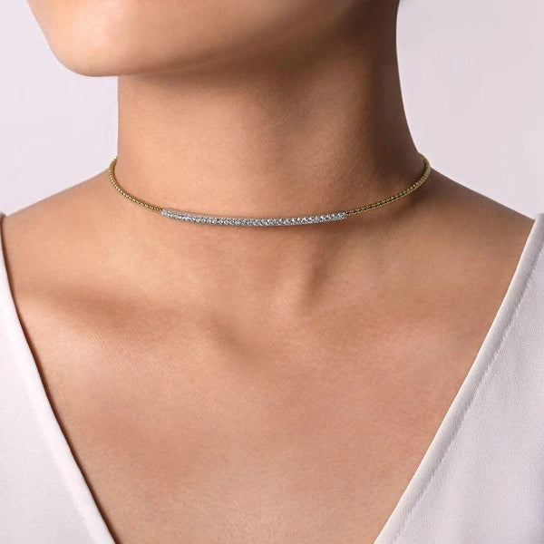 11.5" With 2" Extension 14K Yellow-White Gold Bujukan Beaded Choker Necklace with Diamond e