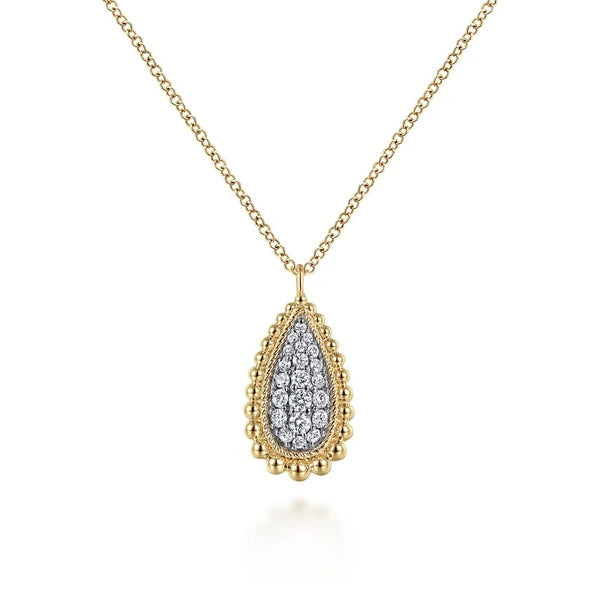 14K Yellow Gold Teardrop Diamond e Pendant Necklace with Beaded Frame