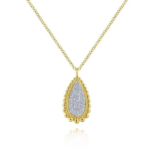 14K Yellow Gold Teardrop Diamond e Pendant Necklace with Beaded Frame