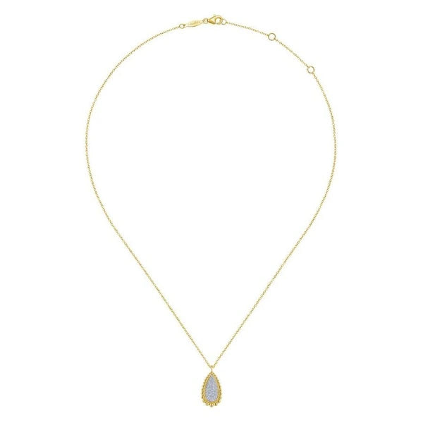 14K Yellow Gold Teardrop Diamond e Pendant Necklace with Beaded Frame
