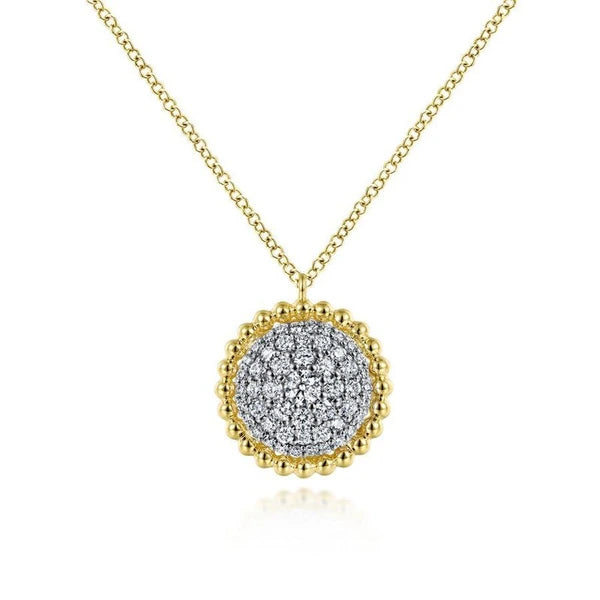 14K Yellow Gold Round Diamond e Pendant Necklace with Bujukan Bead Frame