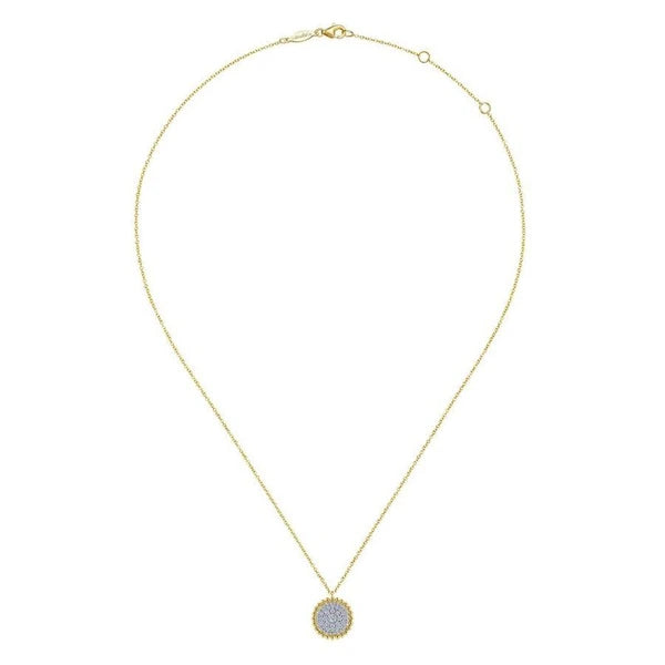14K Yellow Gold Round Diamond e Pendant Necklace with Bujukan Bead Frame