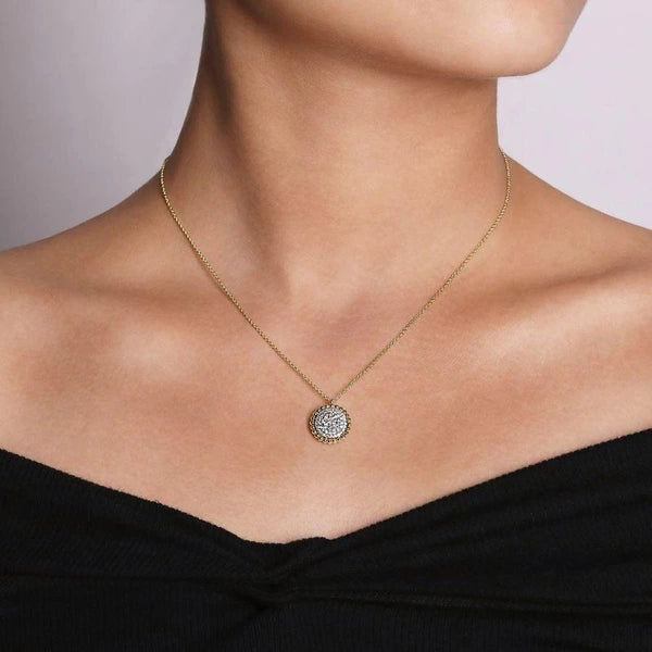 14K Yellow Gold Round Diamond e Pendant Necklace with Bujukan Bead Frame