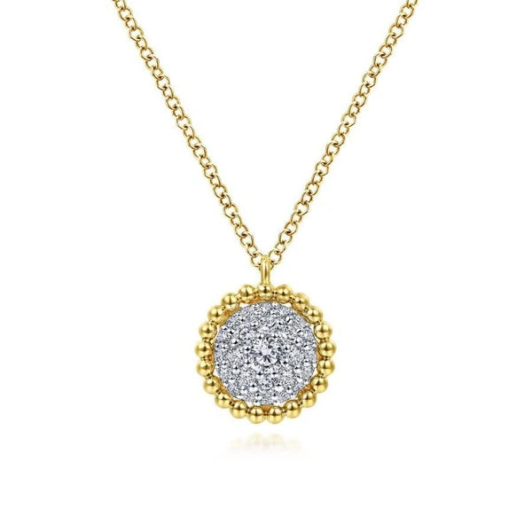 14K Yellow Gold Round Diamond e Pendant Necklace with Bujukan Bead Frame