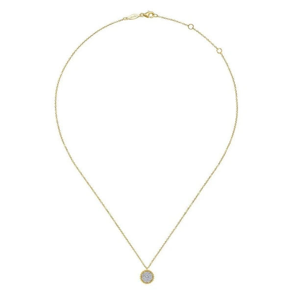 14K Yellow Gold Round Diamond e Pendant Necklace with Bujukan Bead Frame