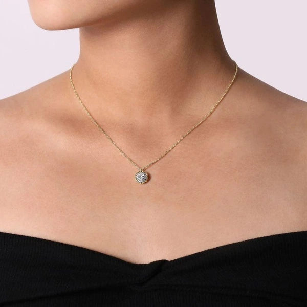 14K Yellow Gold Round Diamond e Pendant Necklace with Bujukan Bead Frame
