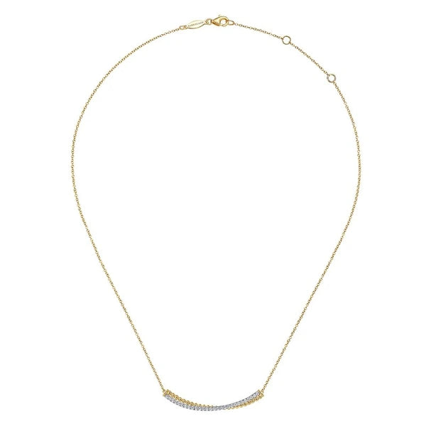 14K Yellow-White Gold Bujukan and Diamond Curved Bar Necklace