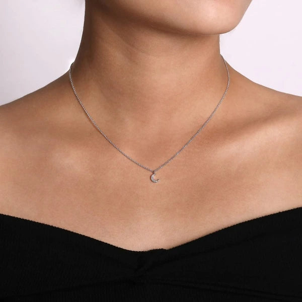 14K White Gold Diamond Pavé Crescent Moon Pendant Necklace