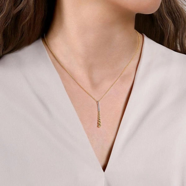 14K Yellow-White Gold Bujukan Bead Y Necklace with Diamond e Accent