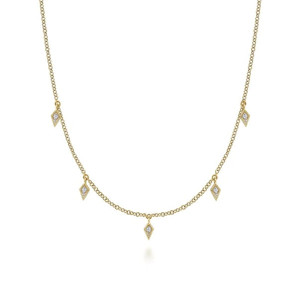 14K Yellow Gold Diamond Station Kite Droplet Necklace