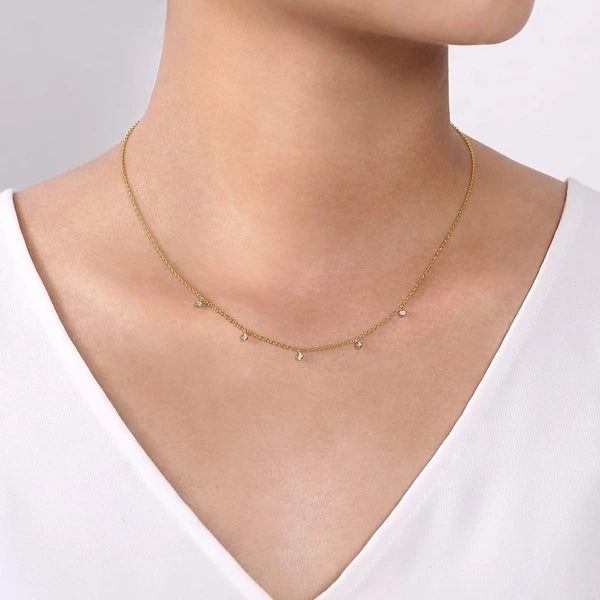 14K Yellow-White Gold Diamond Stations Droplet Necklace