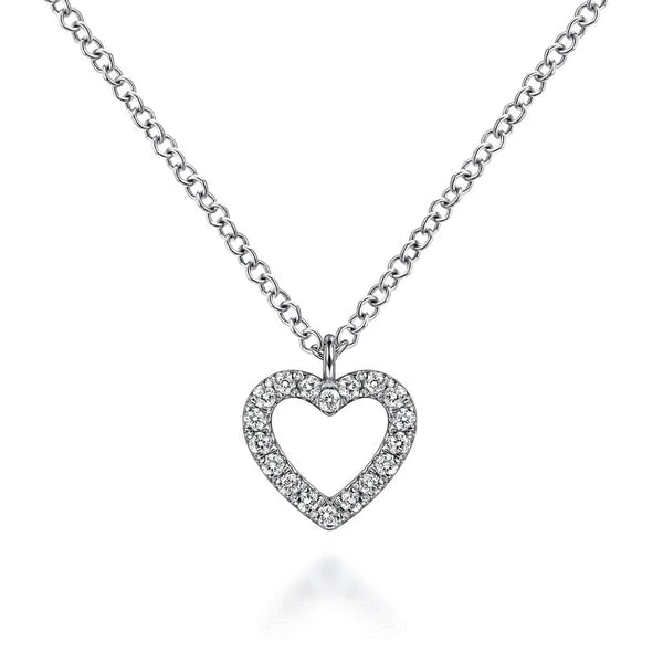 14K White Gold Open Heart Diamond Pendant Necklace