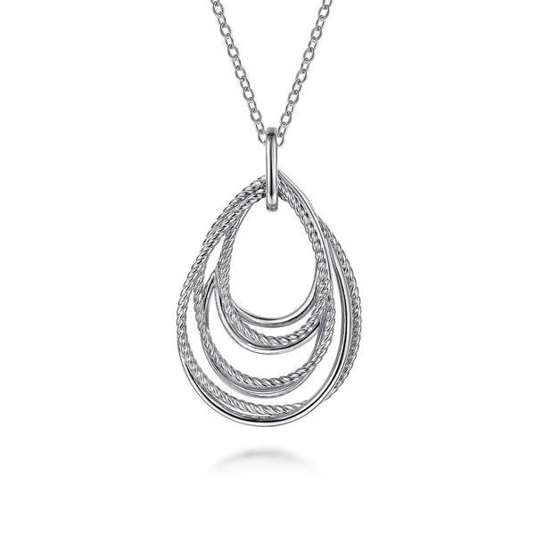 925 Sterling Silver Multi Row of Rope Teardrop Pendant Necklace