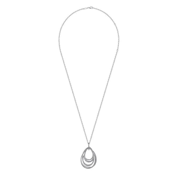 925 Sterling Silver Multi Row of Rope Teardrop Pendant Necklace