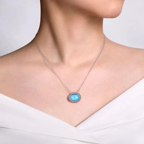 925 Sterling Silver Rock Crystal and Turquoise Pendant Necklace