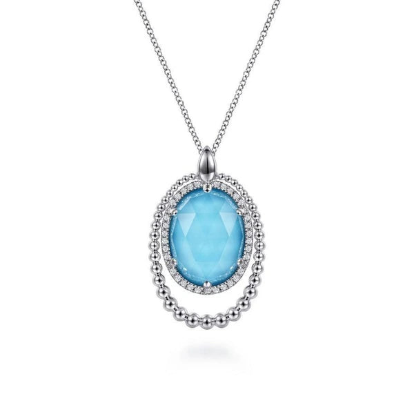 925 Sterling Silver White Sapphire and Rock Crystal and Turquoise Pendant Necklace