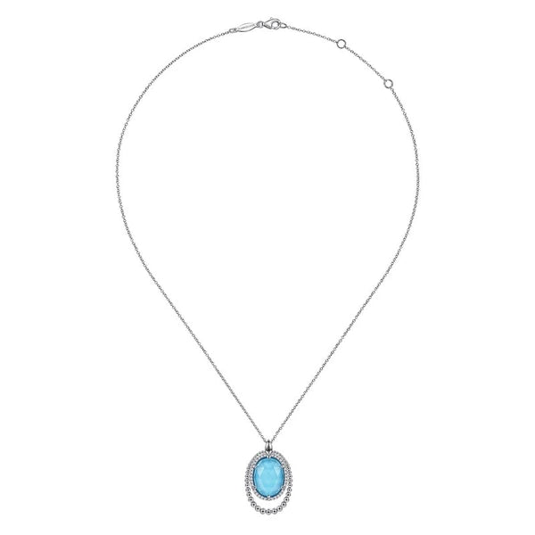 925 Sterling Silver White Sapphire and Rock Crystal and Turquoise Pendant Necklace