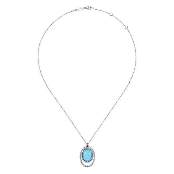 925 Sterling Silver White Sapphire and Rock Crystal and Turquoise Pendant Necklace