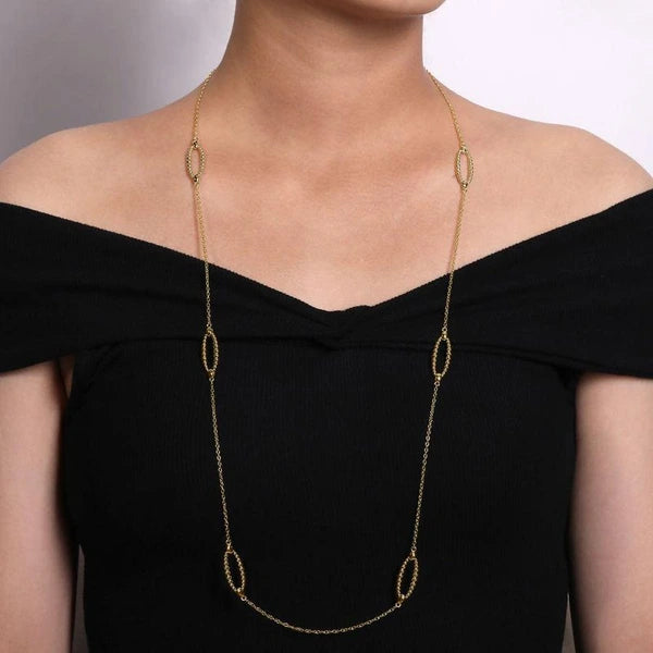 32" 14K Yellow Gold Bujukan Bead Oval Station Necklace