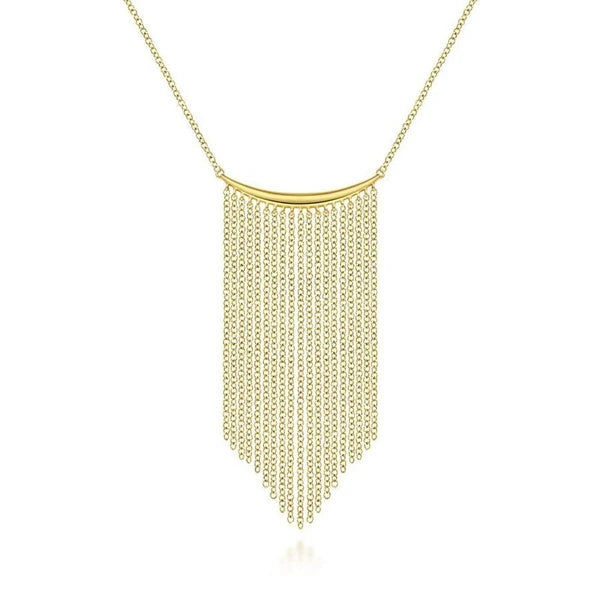 14K Yellow Gold Curved Bar and Waterfall Chain Necklace