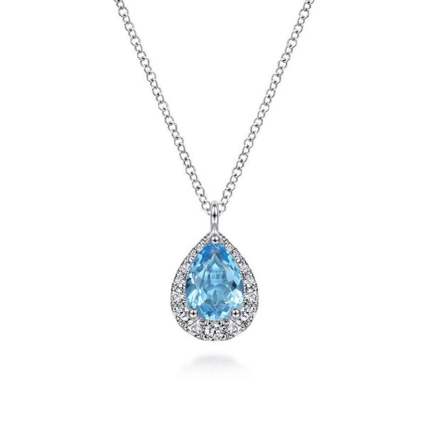 14K White Gold Pear Shape Blue Topaz and Diamond Halo Pendant Necklace