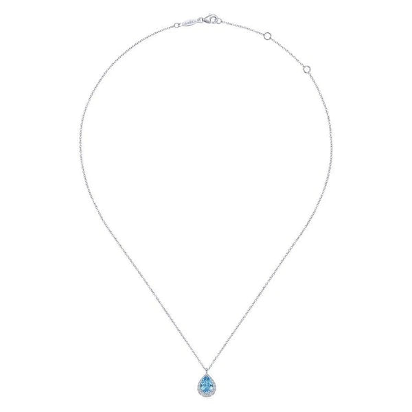 14K White Gold Pear Shape Blue Topaz and Diamond Halo Pendant Necklace
