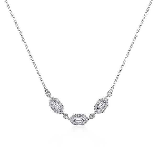 14K White Gold Baguette and Round Hexagonal Station Diamond Necklace
