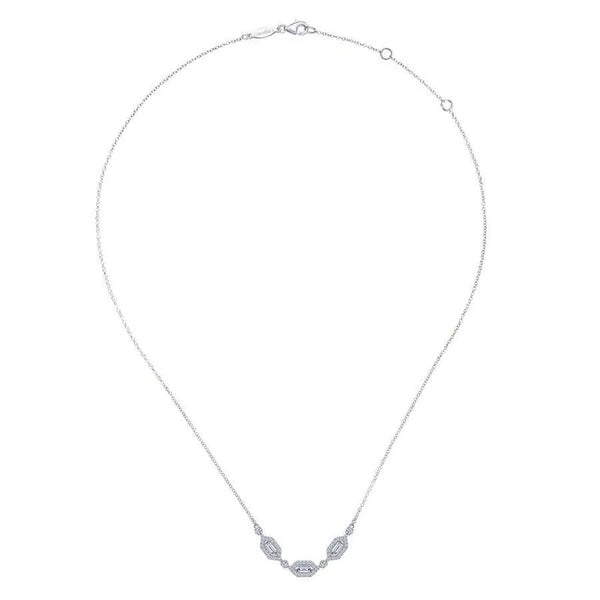 14K White Gold Baguette and Round Hexagonal Station Diamond Necklace