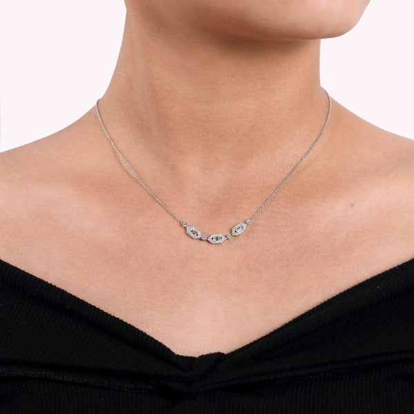 14K White Gold Baguette and Round Hexagonal Station Diamond Necklace