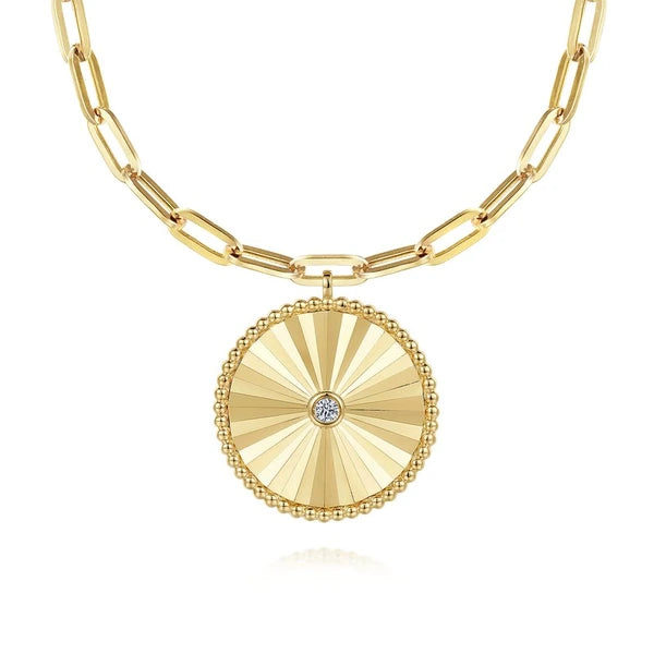 18 inch 14K Yellow Gold Textured Diamond Medallion Hollow Chain Necklace