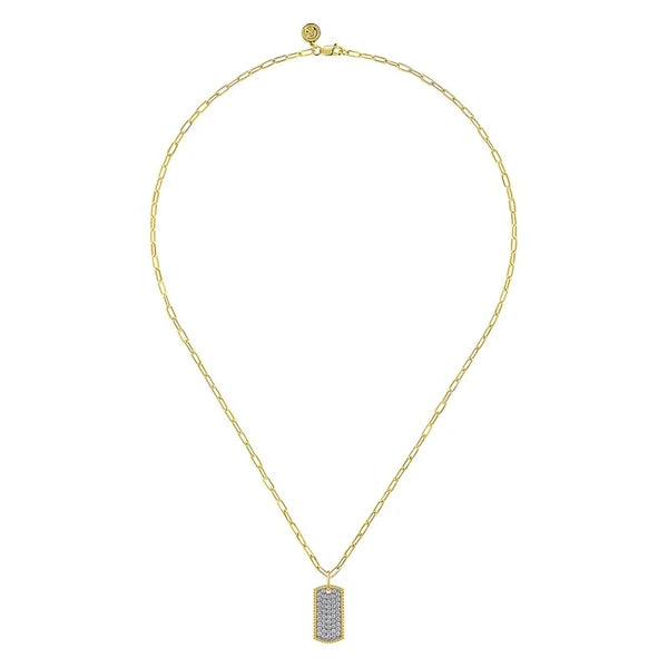 14K Yellow Gold Diamond Pavé Dog Tag Pendant Hollow Chain Necklace