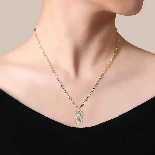 14K Yellow Gold Diamond Pavé Dog Tag Pendant Hollow Chain Necklace
