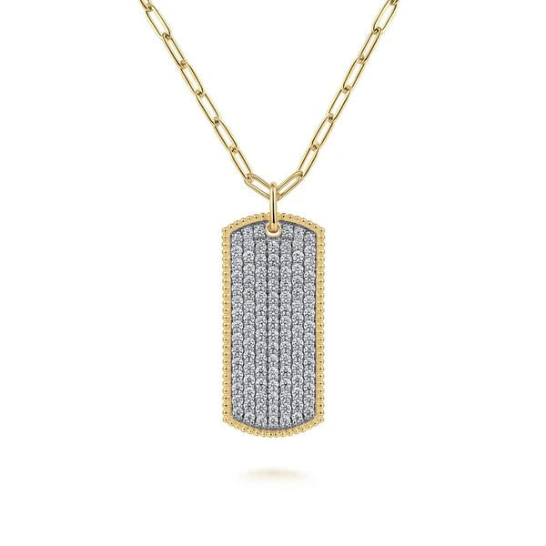 14K Yellow Gold Diamond Pavé Dog Tag Pendant Hollow Chain Necklace