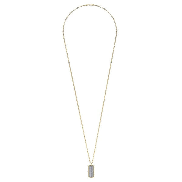 14K Yellow Gold Diamond Pavé Dog Tag Pendant Hollow Chain Necklace