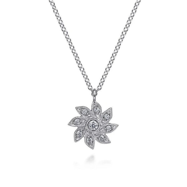 14K White Gold Floral Diamond Pendant Necklace