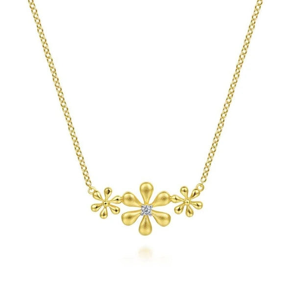 14K Yellow Gold Floral Bar Necklace with Diamonds