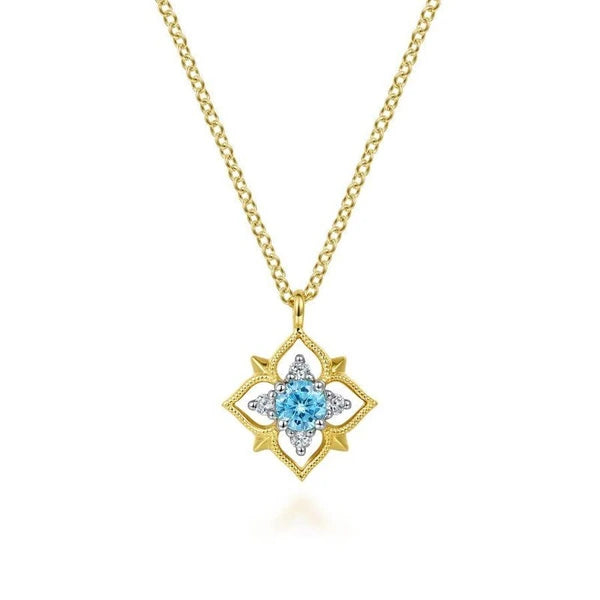 14K Yellow Gold Round Swiss Blue Topaz and Diamond Floral  Pendant Necklace